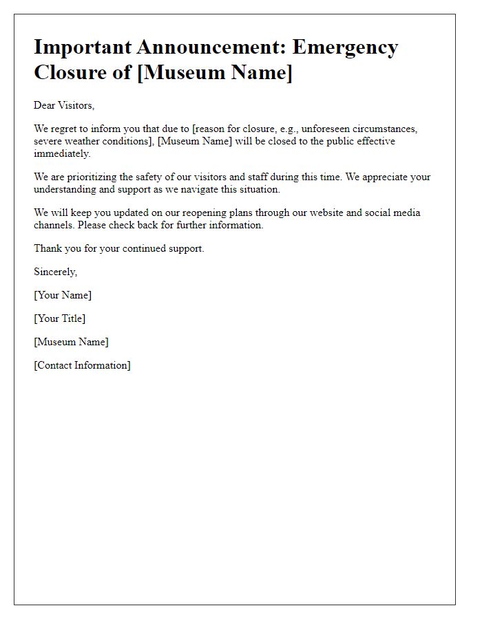 Letter template of museum emergency closure announcement.