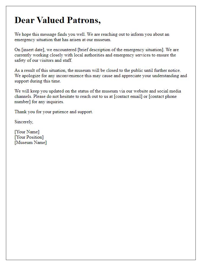 Letter template of museum emergency situation update to patrons.