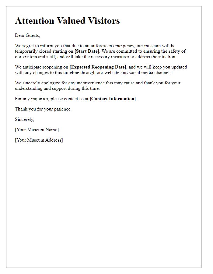 Letter template of museum service interruption due to emergency.