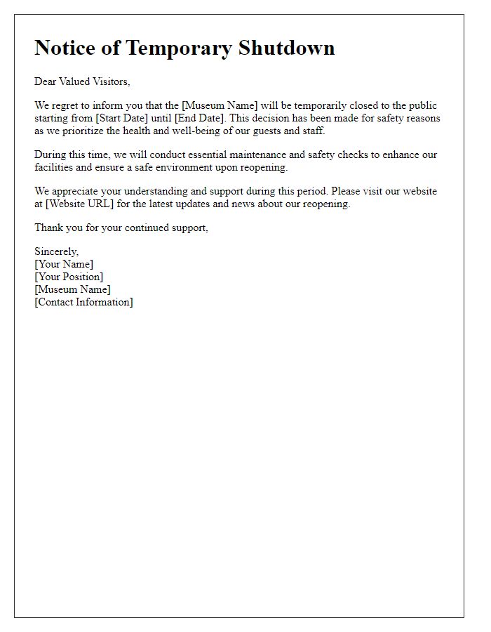 Letter template of museum temporary shutdown for safety reasons.