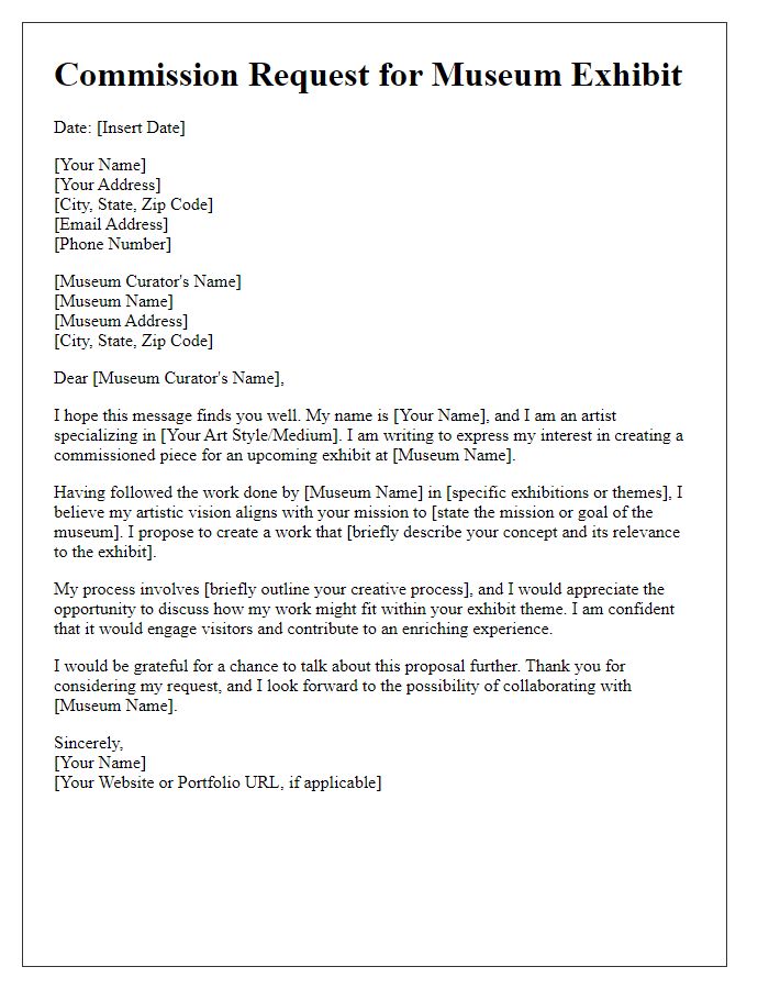 Letter template of artist commission request for museum exhibit