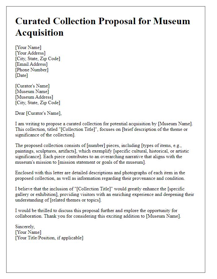 Letter template of curated collection proposal for museum acquisition