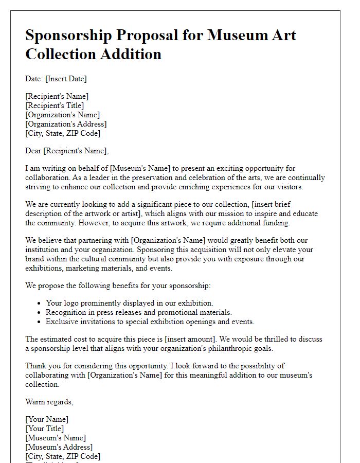 Letter template of sponsorship proposal for museum art collection addition