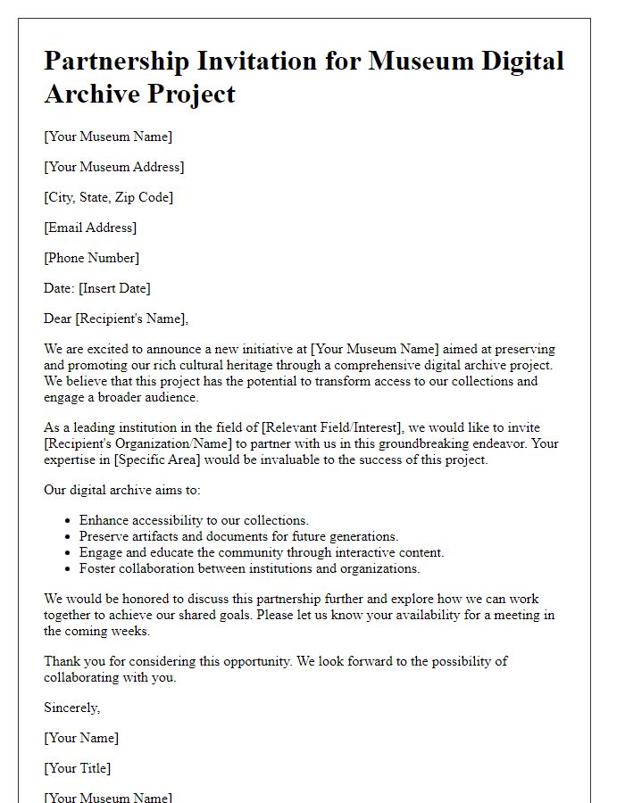 Letter template of partnership invitation for museum digital archive project