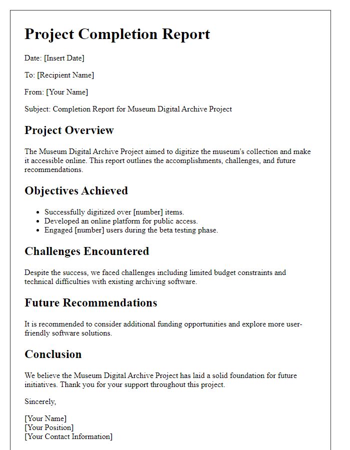 Letter template of project completion report for museum digital archive project