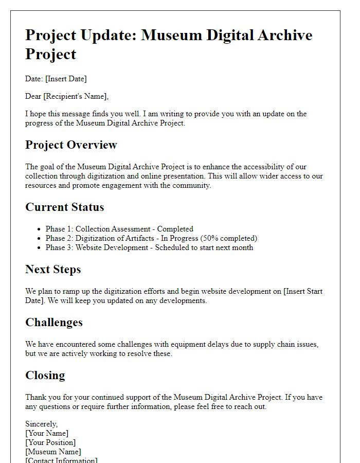 Letter template of project update for museum digital archive project