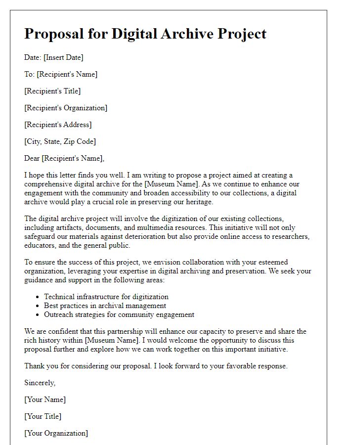 Letter template of proposal for museum digital archive project