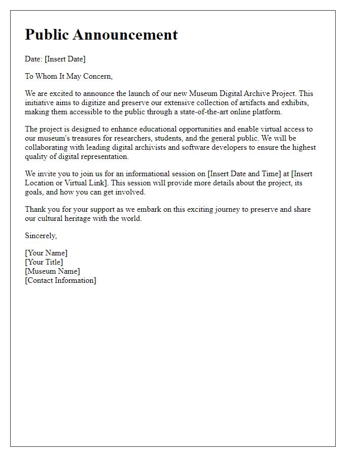 Letter template of public announcement for museum digital archive project