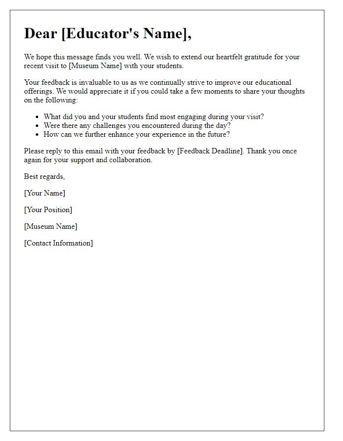 Letter template of museum feedback request from educators