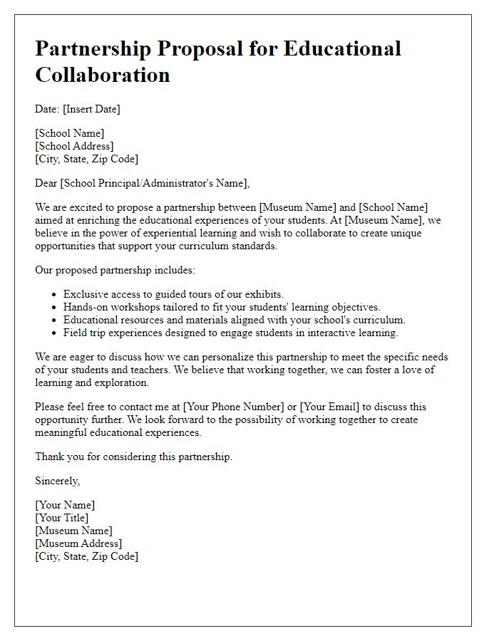 Letter template of museum partnership proposal for schools