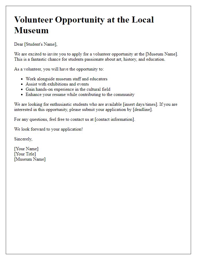 Letter template of museum volunteer opportunity for students