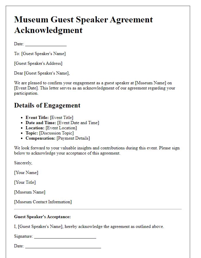 Letter template of museum guest speaker agreement acknowledgment