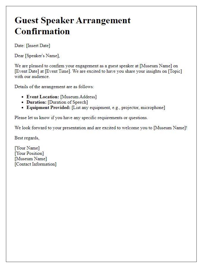 Letter template of museum guest speaker arrangement confirmation