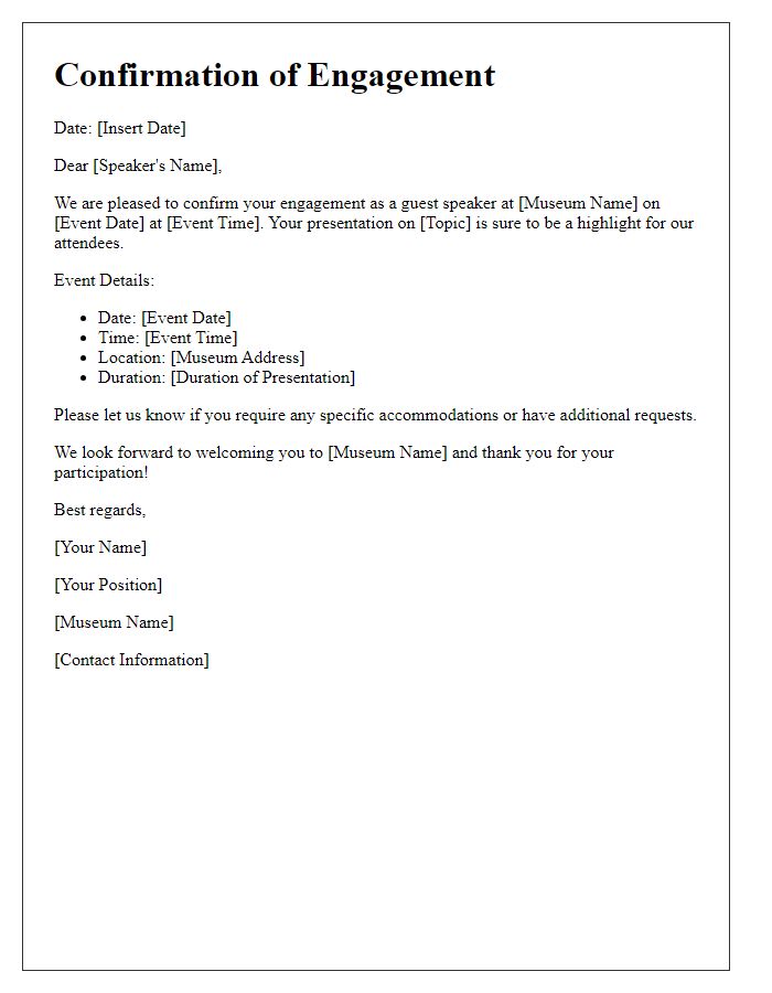 Letter template of museum guest speaker engagement confirmation