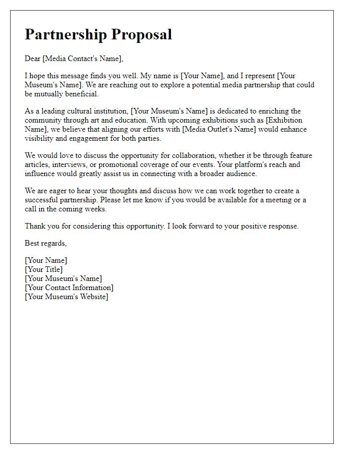 Letter template of outreach for media partnerships with the museum