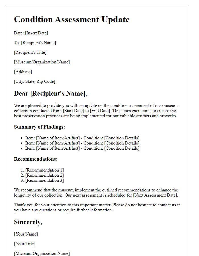 Letter template of museum collection condition assessment update