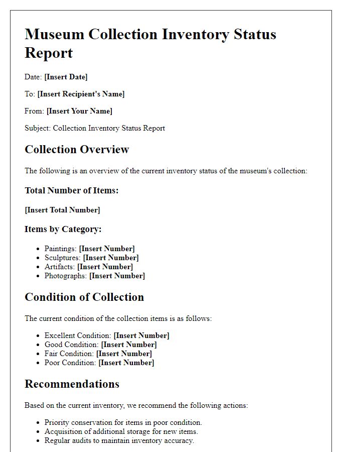 Letter template of museum collection inventory status report