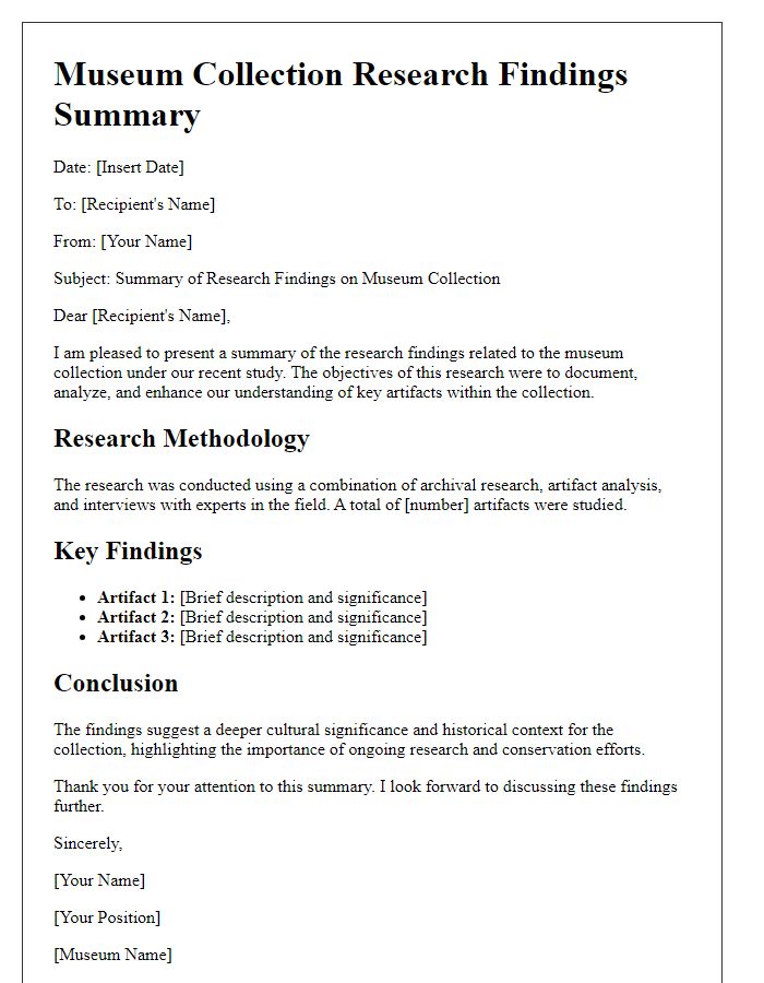 Letter template of museum collection research findings summary