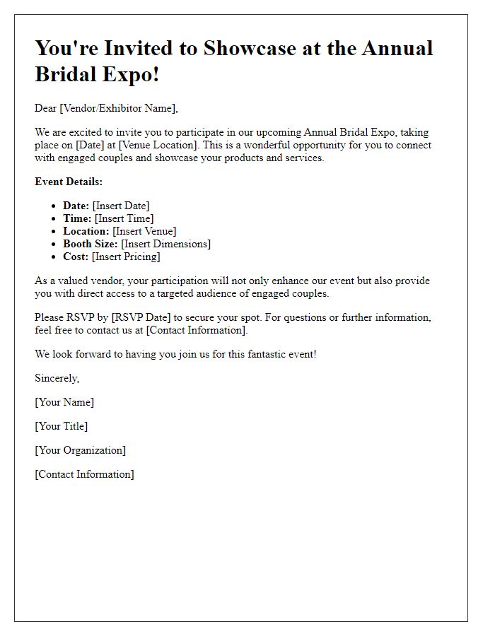 Letter template of bridal expo invitation for vendors and exhibitors