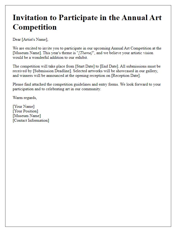 Letter template of art competition invitation for museum participation.