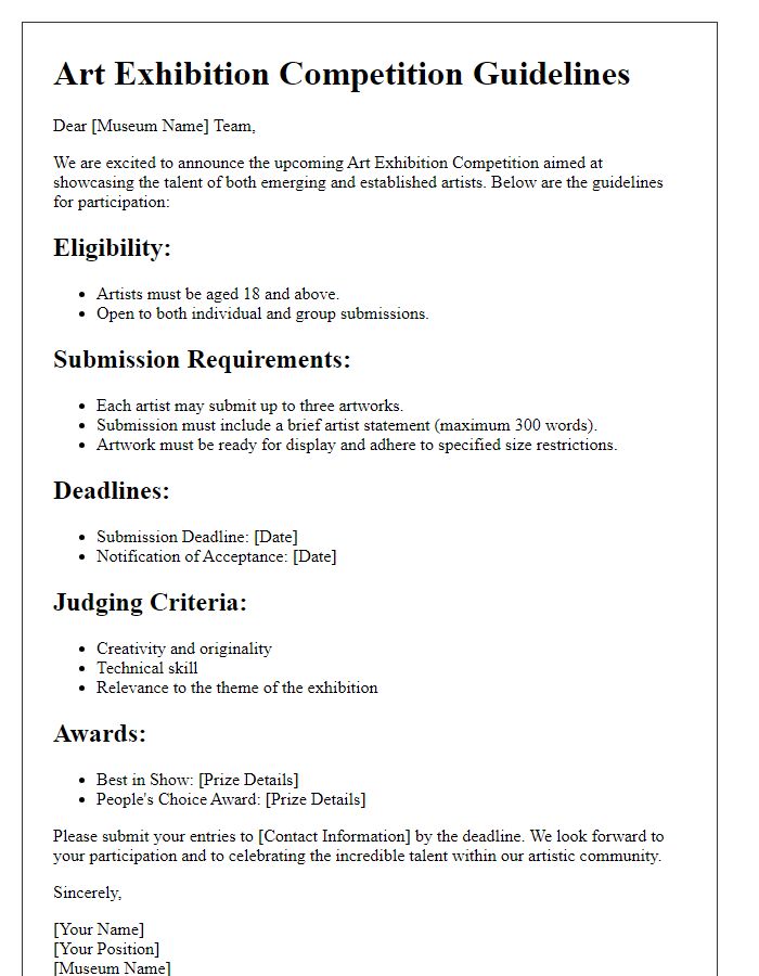 Letter template of art exhibition competition guidelines for museums.