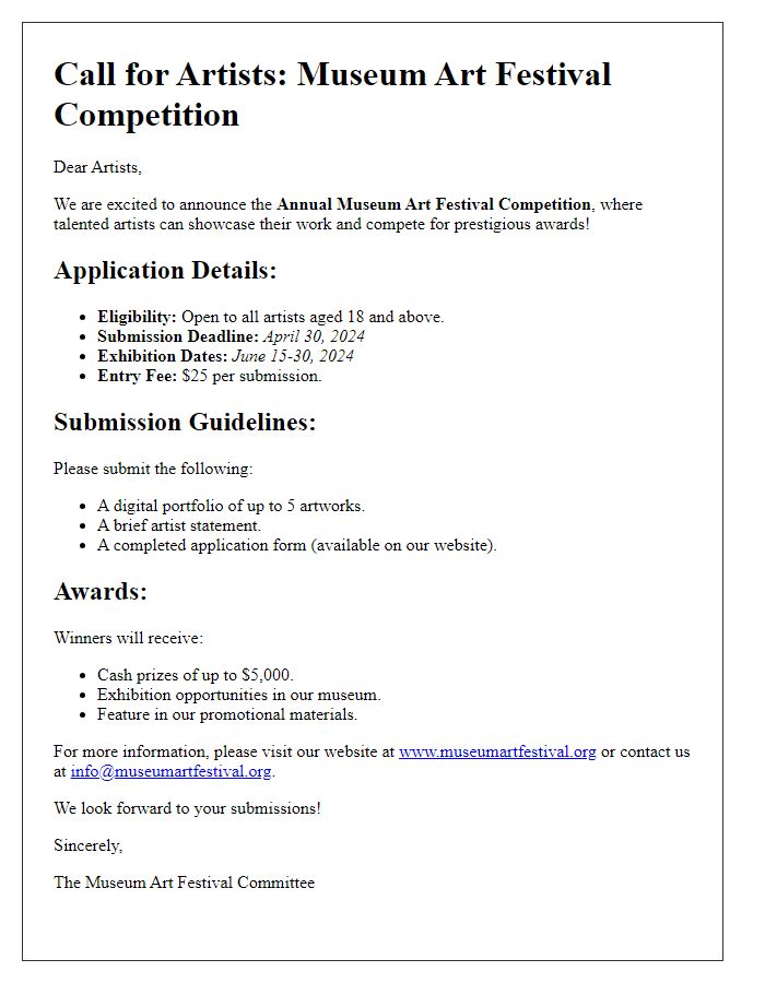 Letter template of artist call for museum art festival competition.