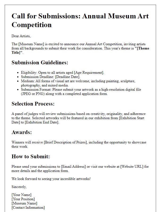 Letter template of call for submissions for museum art competition.