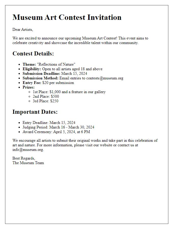 Letter template of museum art contest details for artists.