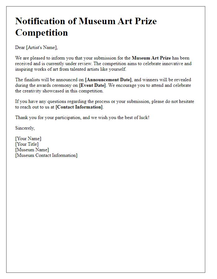 Letter template of museum art prize competition notification.