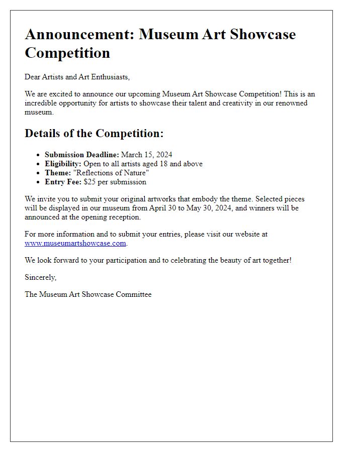 Letter template of museum art showcase competition announcement.