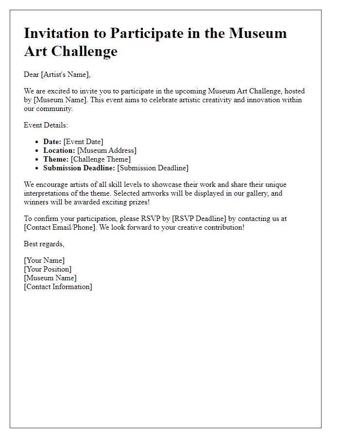 Letter template of participation invitation for museum art challenge.