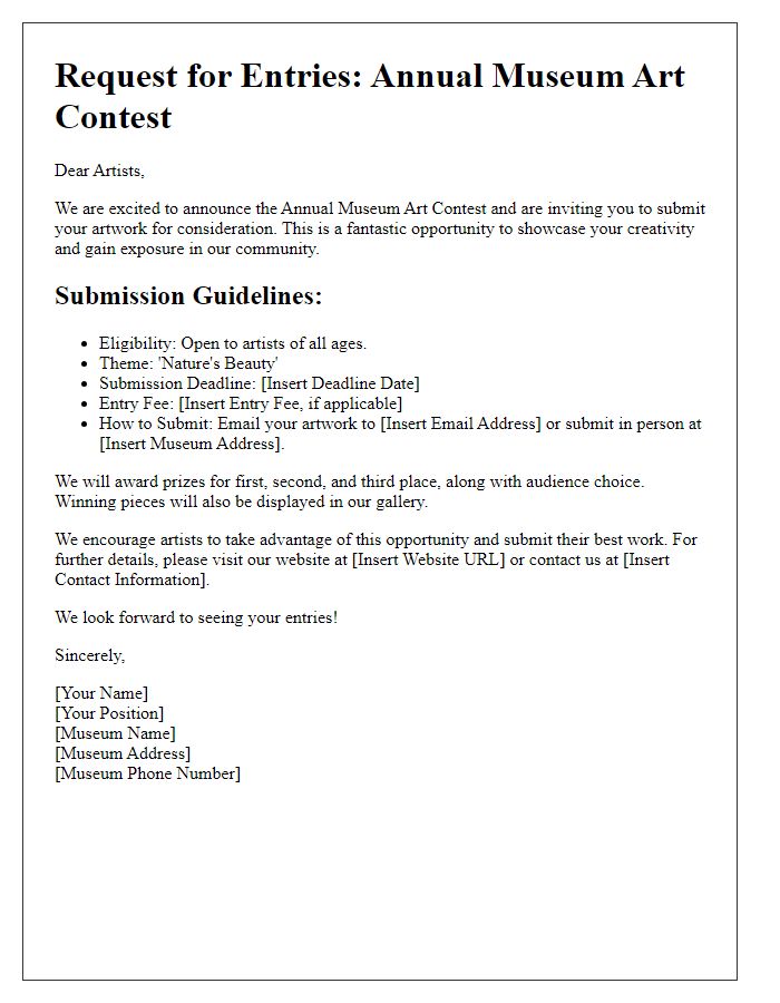 Letter template of request for entries for museum art contest.