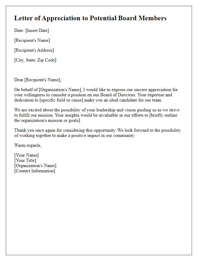 Letter template of appreciation for potential board members.