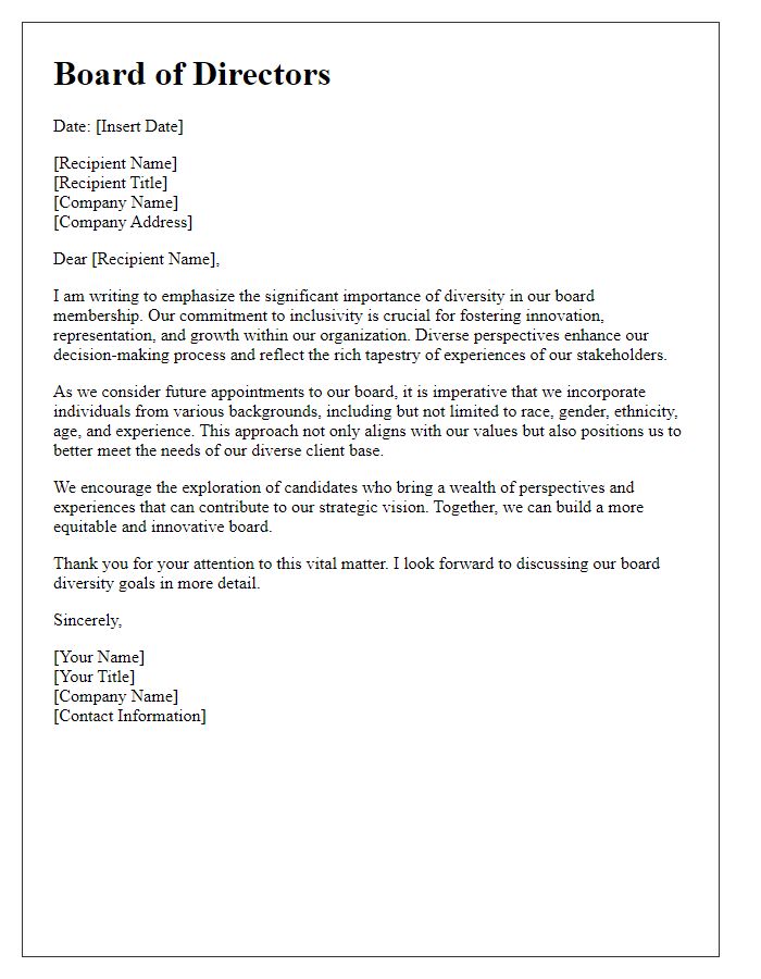 Letter template of emphasizing diversity in board membership.