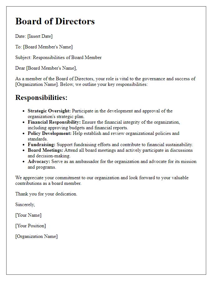 Letter template of outlining responsibilities of board members.