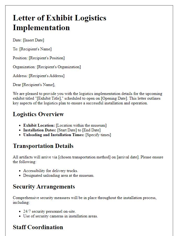 Letter template of museum exhibit logistics implementation details.