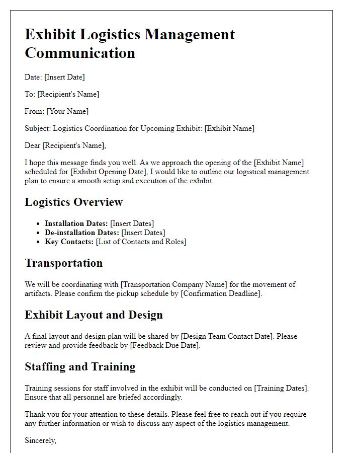 Letter template of museum exhibit logistics management communication.