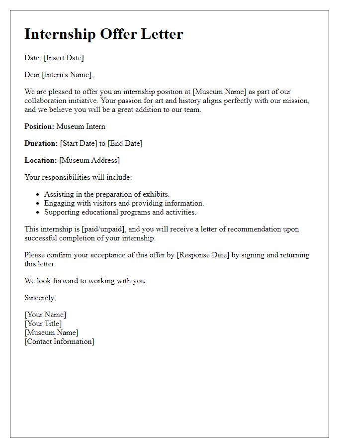 Letter template of offer for museum internship collaboration