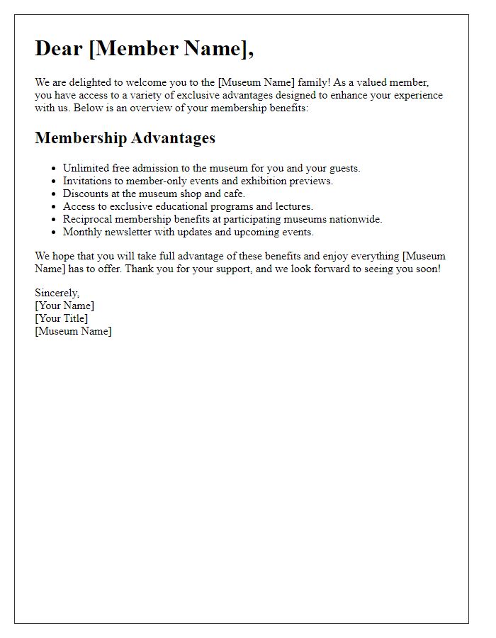 Letter template of museum membership advantages overview