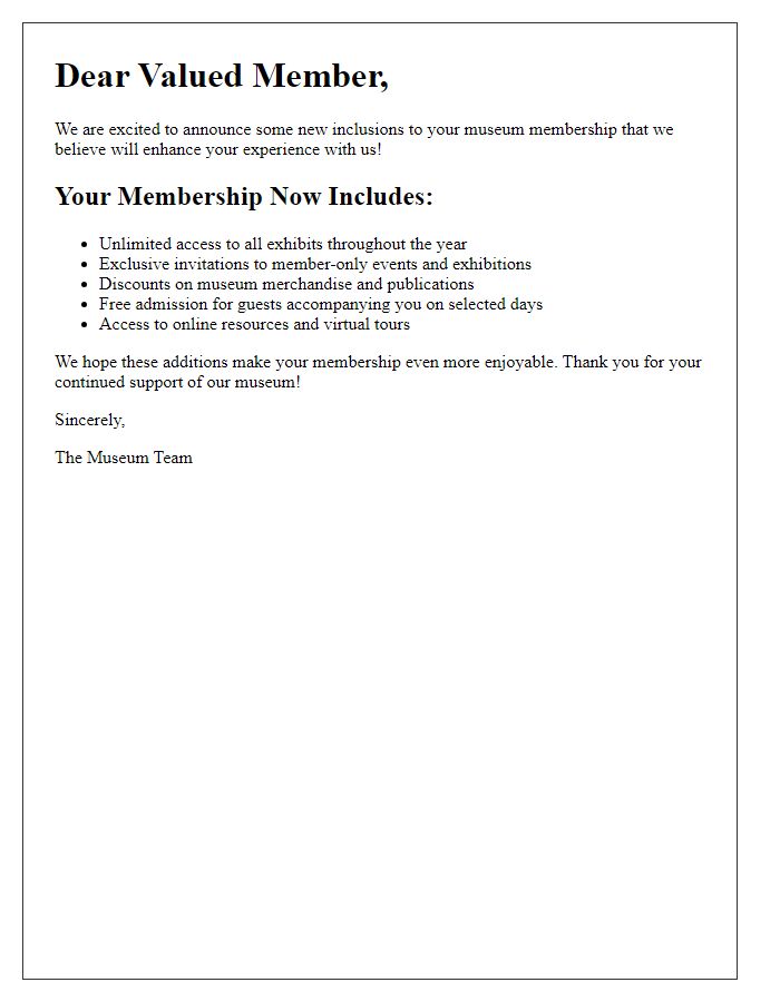 Letter template of museum membership inclusions announcement