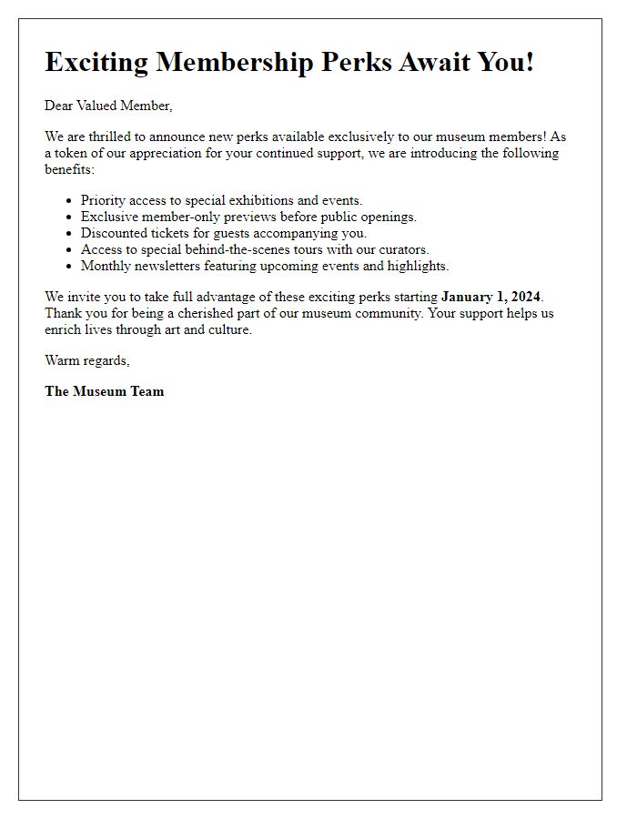 Letter template of museum membership perks announcement