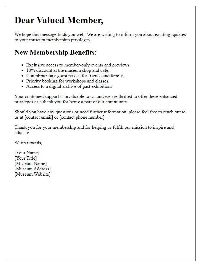 Letter template of museum membership privileges update