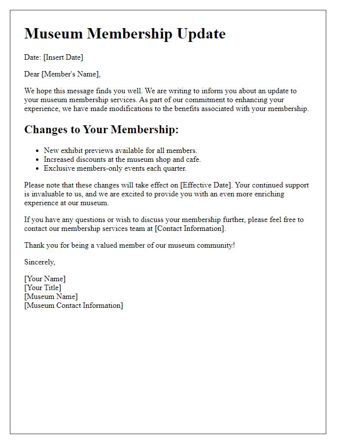 Letter template of museum membership services modification