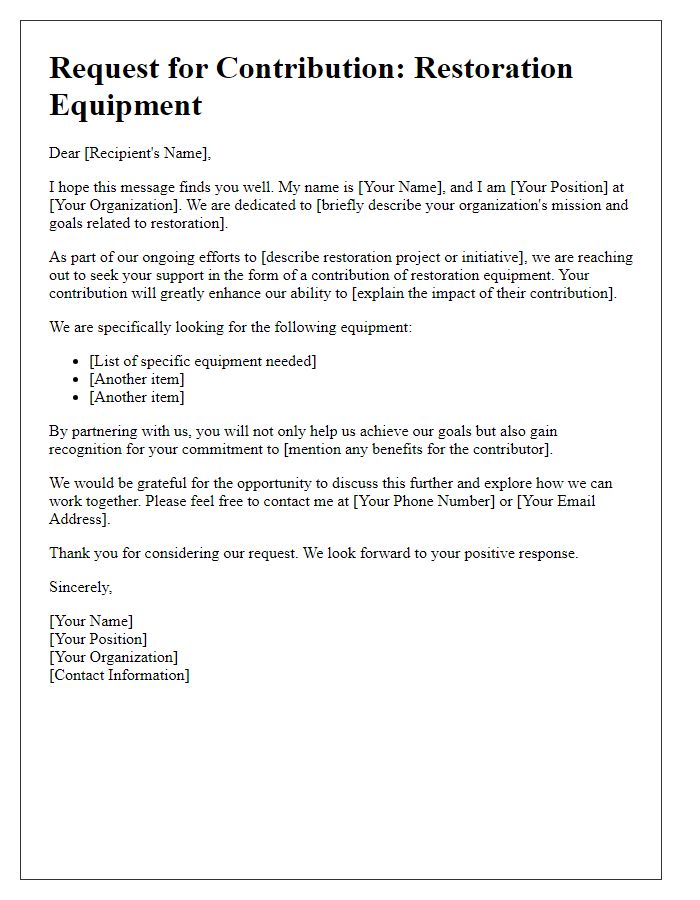 Letter template of outreach for restoration equipment contribution