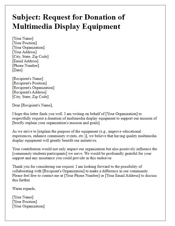 Letter template of request for multimedia display equipment donation