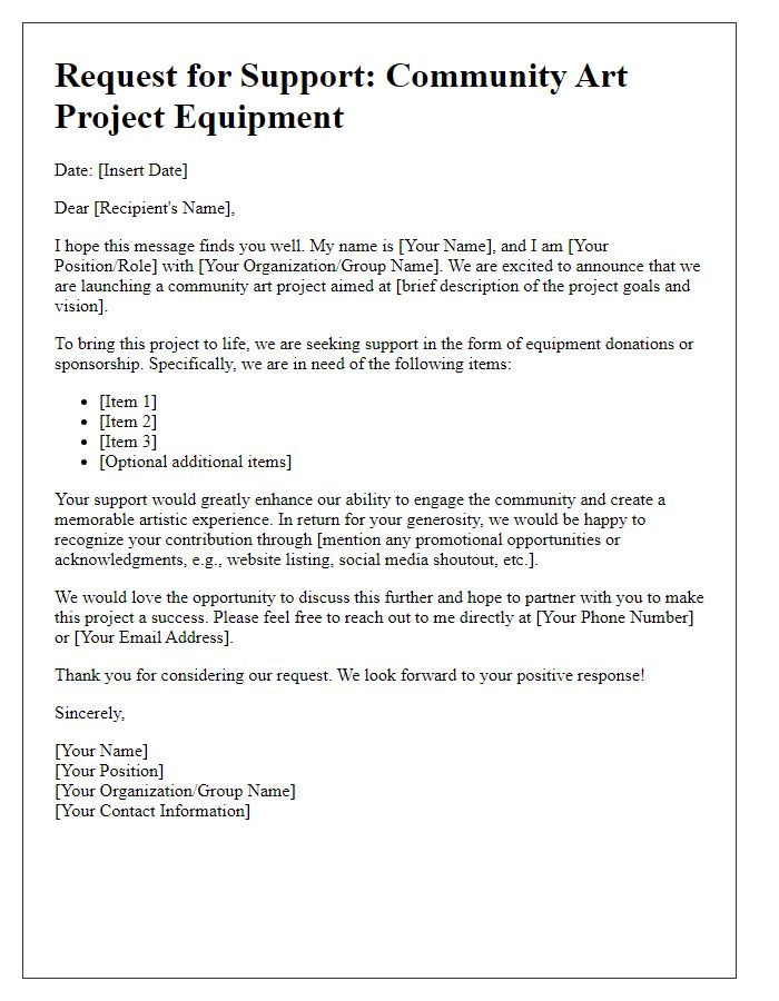 Letter template of solicitation for community art project equipment