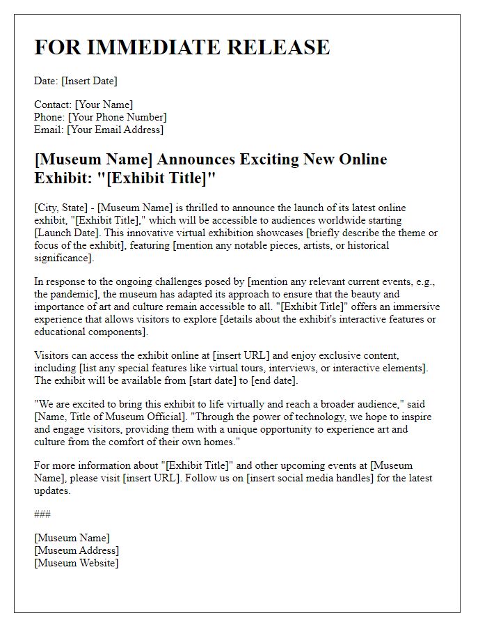 Letter template of press release for museum online exhibit launch