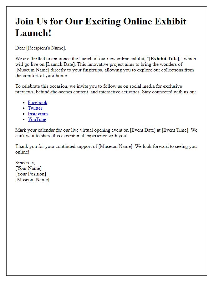 Letter template of social media promotion for museum online exhibit launch