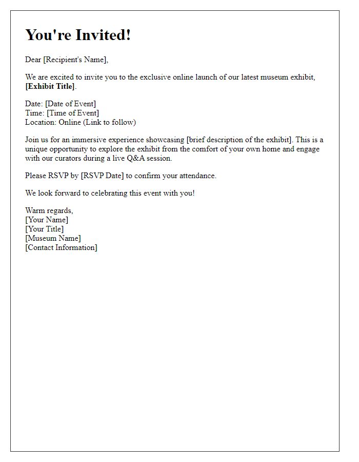 Letter template of VIP invitation for museum online exhibit launch