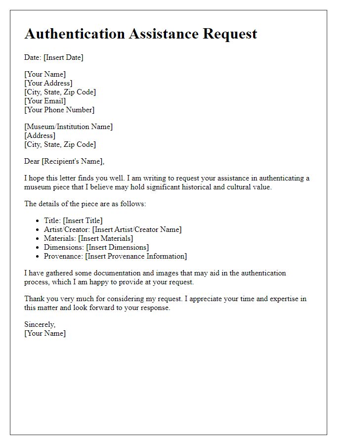 Letter template of authentication assistance request for museum piece